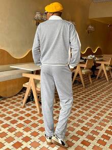 Ngobest Haus Ngobest Haus Men's Casual Fashion Street Sporty Letter Print Contrast Color Half Zip Hooded Sweatshirt And Drawstring Waist Straight Leg Sweatpants Set, Spring/Autumn - Multicolor - View 2