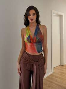 Glamine Contrast Color Tie Dye Spaghetti Strap Camisole Top, Sexy Plunging Draped Neck Backless Fitted Cropped Vest For Summer - Multicolor - View 1
