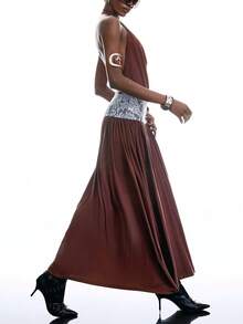 LYSMO 2026 New Arrive Minimalism Spring/Summer Women's Lace Patchwork Ruffle Casual Party Midi Dress Summer Outfits Festival Outfits For Women Elegant Party Dress  Brown Dress - Coffee Brown - View 7