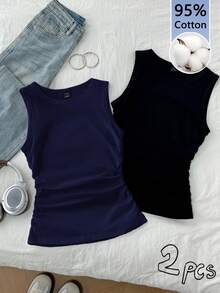 Tseoso 2pcs/Set Women Casual Minimalist Round Neck Tight Fitting Camisole, Suitable For Summer - Multicolor - View 9