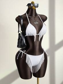ROMWE Street Life Women's 2pcs Set Sexy Solid Color V-Neck Halter Tie Tassel Minimalist Swimsuit - White - View 5