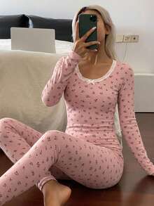 DAZY 2pcs Sweet Floral Lace Patchwork Fitted Women Pajama Set - Pink - View 4
