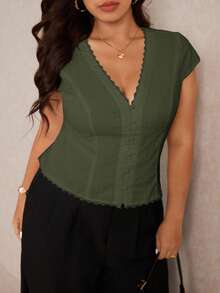 Elaquor Plus Size Solid V-Neck Cap Sleeve Lace Patchwork Casual Short Shirt For Summer - Army Green - View 4