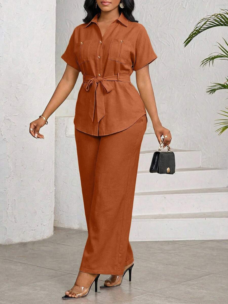 SHEIN Lady Women's Orange Solid Brown Short Sleeve Collared Button Front Blouse And Wide Leg Pant Set With Tie Waist - Orange - View 1