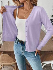 Women's Solid Color Front Button Elegant Fitted Long Sleeve Cardigan - Lilac Purple - View 5
