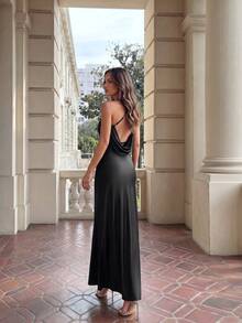 Aloruh Criss Cross Backless Bridesmaid Dress Black Elegant Formal Evening Prom Wedding Guest Gown, For Graduation, Dinner Party Dress - Black - View 3
