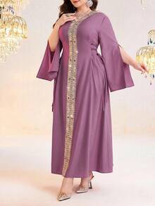 Al Najma 大码女式缎带饰边开衩长袖优雅阿拉伯连衣裙 - 紫色 - 查看 8