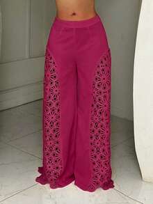 SHEIN BamGlam Women's Solid Color Hollow Out Casual Versatile Wide Leg Pants For Daily Wear - Hot Pink - View 3
