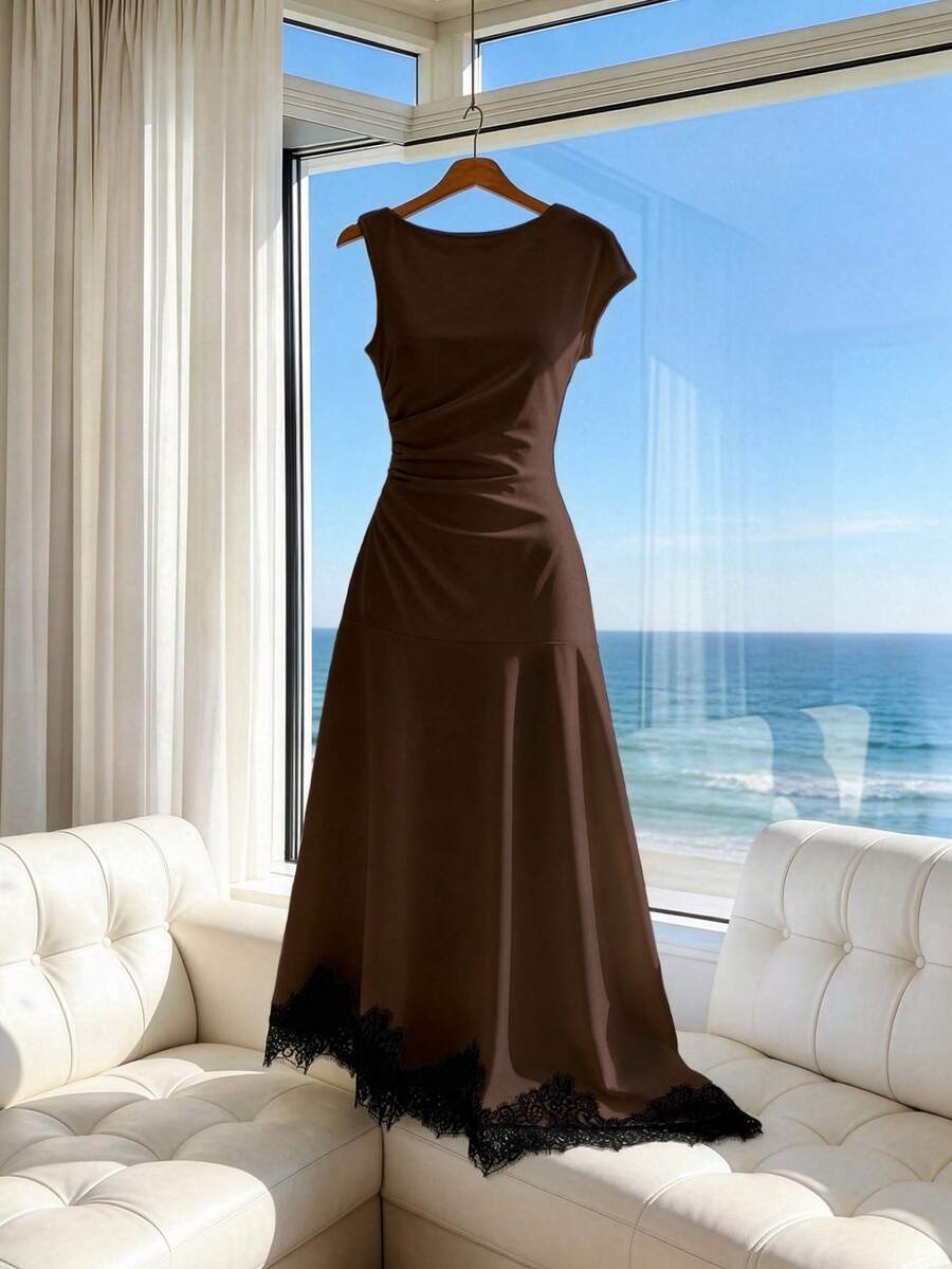 SHEIN Franclia Women's Black Lace Patchwork Ruched Waist Dress - Coffee - View 1