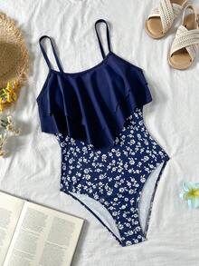 SHEIN 少女褶皱荷叶边连体泳衣，休闲舒适 - 彩色 - 查看 6