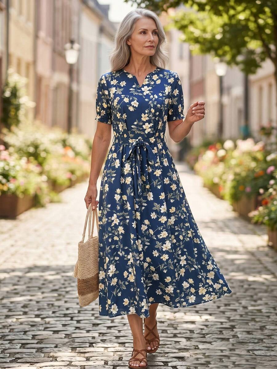 EMERY ROSE Vestido casual de mujer con estampado en toda la prenda y manga corta - Multicolor - Ver 1