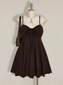 SHEIN ICON Vestido de verano de talla grande para mujer con cordón frontal y tirantes - Marrón - Ver 3