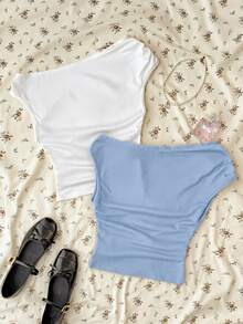 SHEIN 2件套少女/青少年女孩蓝白针织休闲褶皱不对称肩部修身短款上衣，买一送一 - 藍白色 - 查看 2