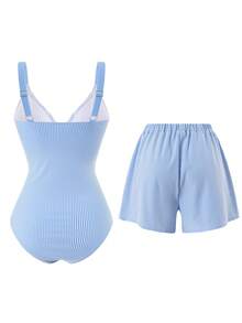 Swim Oasis 2026新款春夏女士两件式泳衣带裙，特殊面料沙滩度假优雅休闲泳装套装 - 藍色 - 查看 2