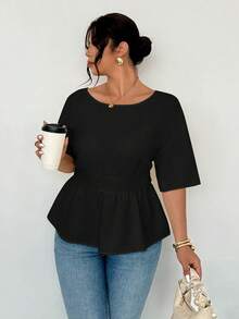Firerie Plus Size Solid Color Minimalist Backless Blouse - Black - View 6