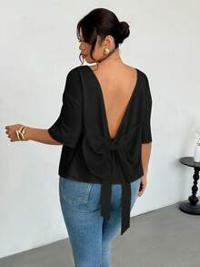 Firerie Plus Size Solid Color Minimalist Backless Blouse - Black - View 7