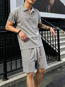 Manfinity Homme Men's Solid Color Polo Shirt And Shorts Set, Minimalist Style For Summer - Grey - View 6
