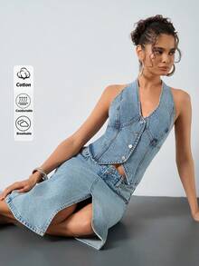 SHEIN مجموعة قطعتين من الجينز، ملابس علوية وتنورة - أزرق متوسط - مشاهدة 6