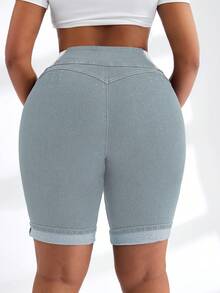 SHEIN SXY Pantalones cortos vaqueros de pierna ancha con bolsillos en diagonal, botones y contraste elástico de talla grande - Gris - Ver 2