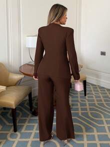 Maria Perezxox Conjunto de blazer y pantalones de un solo abotonado de unicolor simple para mujer, adecuado para el trabajo y el transporte - Café integral - Ver 2