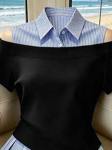 SHEIN French 2-In-1 Black And White Stripe Cold Shoulder T-Shirt - Summer Contrast Waist-Cinched Slim Ruffle Hem Short Sleeve Top Travel Casual - Navy Blue - View 4
