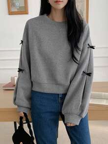 DAZY Contrast Color Bow Decor Loose Fit Crew Neck Pullover Sweatshirt For Women,Long Sleeve Tops,Fall Clothes - Dark Grey - View 10
