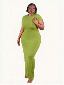 CurvyTilda Plus Size Elegant Green Fitted Dress, Suitable For Ibiza, Nashville, Clubbing, And Formal Chic Styles, Spring/Summer, Summer Dress Party, For Hourglass Body Shape - Green - View 4