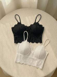 SHEIN MOD 2 件装花卉蕾丝文胸套装内衣 - 黑與白 - 查看 3