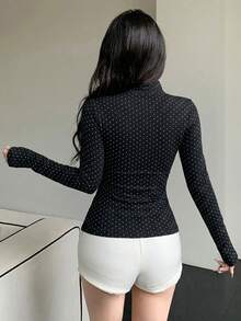 DAZY Spring Summer Black Polka Dot Outdoor Raglan Sleeve Slim Fit Waist-Cinched Sports Jacket - Black - View 2