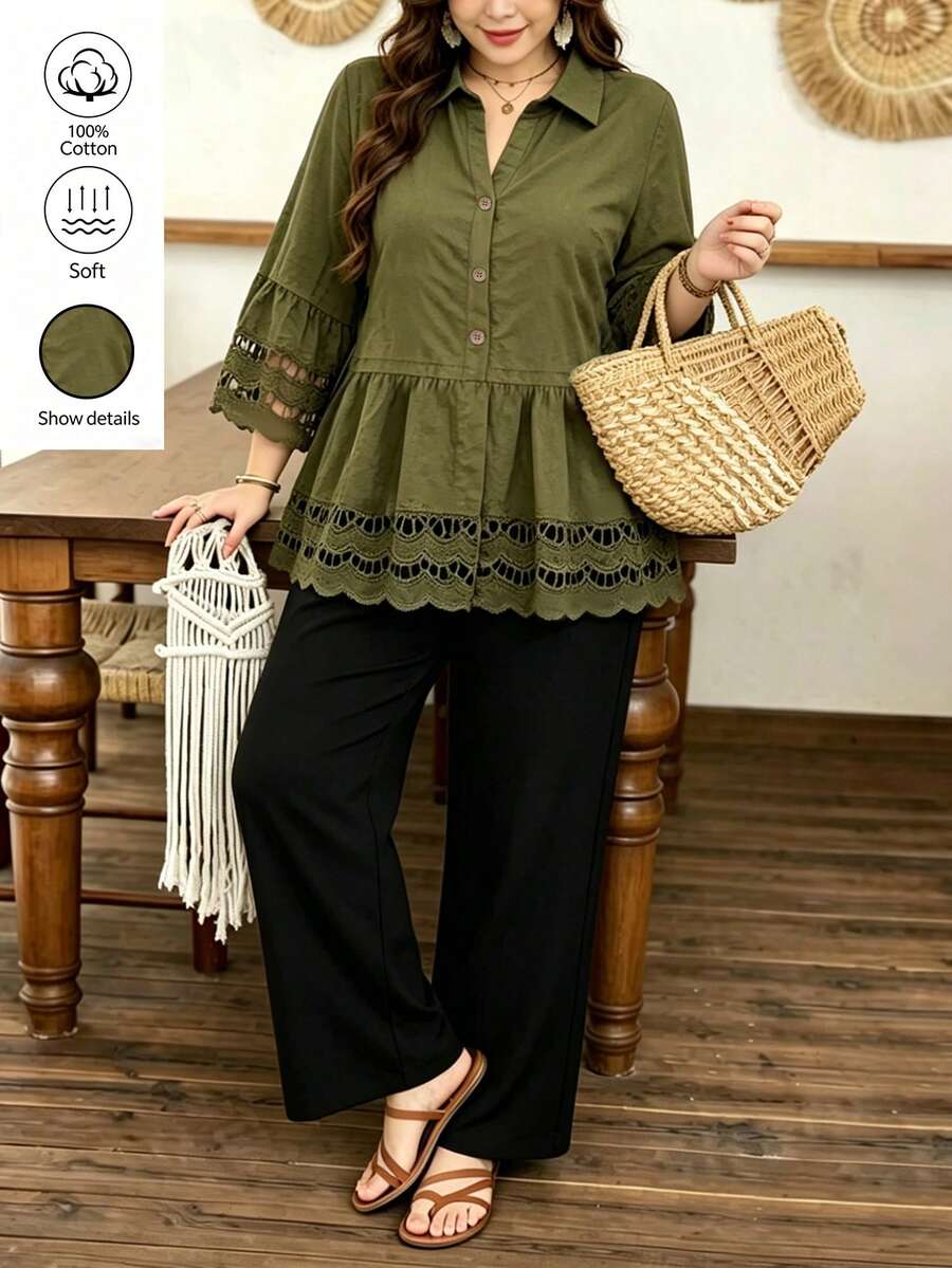 Lacomfia Plus Size Women's Fashion Hollow Floral Lace Trim, Wooden Button Decor, Turndown Collar 3/4 Sleeve Shirt Jacket, Suitable For Vacation & Outing Fall - Army Green - View 1