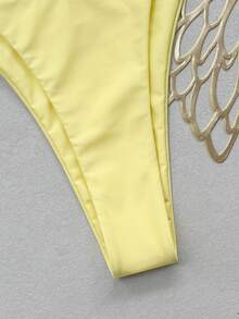 Bonvoyette Bộ bikini hai mảnh màu vàng chanh, dây buộc cổ tam giác và hạt nhựa màu nâu không đều, kiểu dáng gợi cảm, buộc dây bên hông, thích hợp cho kỳ nghỉ của phụ nữ. - Màu vàng - Xem 5