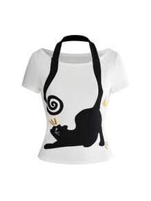 ROMWE Kawaii Plus Size Women Y2K Cute Cat Pattern Halter Neck Embroidered Boat Neck T-Shirt - White - View 1