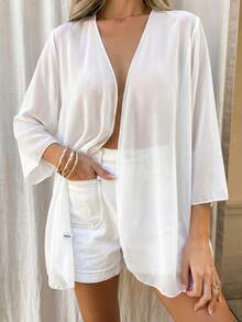 Vaclyn Summer Beach Sheer Chiffon Open Front Kimono Vacation White - White - View 4