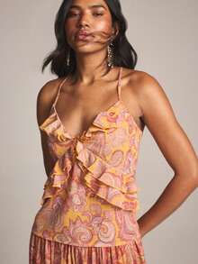 KSTM Paisley Print Ruffle Cami Top With Crossback Straps V-Neck Tie Detail Summer Vacation Boho Sleeveless - Multicolor - View 6
