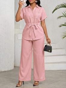 SHEIN Lady Women's Dusty Pink Two Piece Outfit Short Sleeve Collared Button-Up Top With Tie Waist And Wide Leg Pants Set,Summer Outfits For Women Office Casual - Pink - View 5