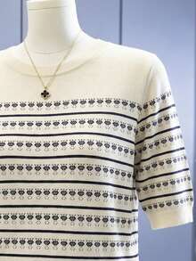 SHEIN Middle-Aged Women's Minimalist Printed Round Neck Knit Top - Multicolor - View 4