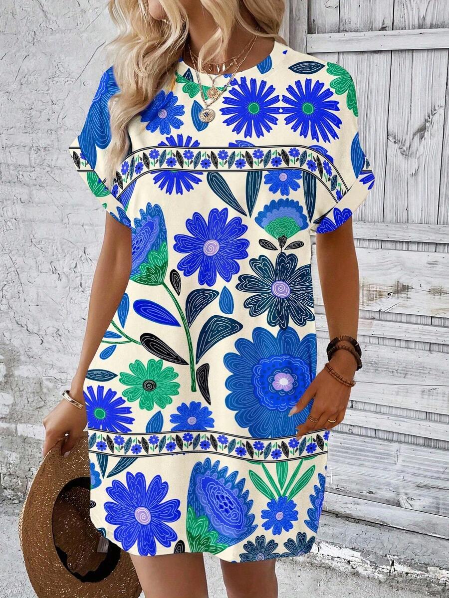 EMERY ROSE Casual Loose Summer Printed Short Sleeve Mini T-Shirt Dress For Women - Multicolor - View 1