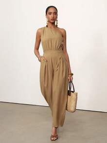 Vesra Bộ jumpsuit nữ dáng rộng, xếp ly, bất đối xứng, có túi vai, chất liệu vải dệt họa tiết, kiểu dáng thường ngày. - Màu Khaki - Xem 1