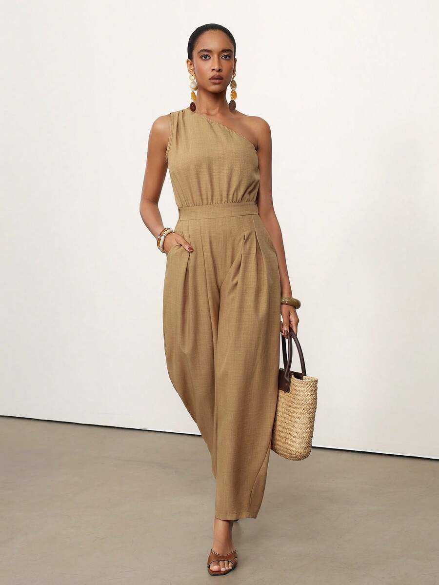 Vesra Bộ jumpsuit nữ dáng rộng, xếp ly, bất đối xứng, có túi vai, chất liệu vải dệt họa tiết, kiểu dáng thường ngày. - Màu Khaki - Xem 1