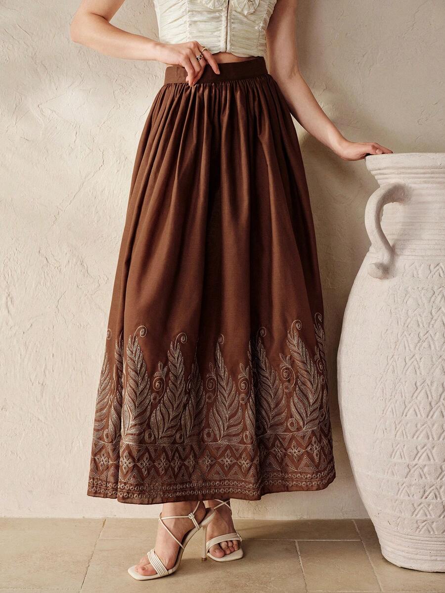BELROSIE Vintage Elegant Women's Romantic Luxury High-End Design Positioning Silver Thread Embroidery Super Large Hem Long Skirt - Multicolor - View 1