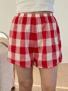 DAZY Quần pajama ngắn dáng rộng kẻ caro cho nữ, đồ ngủ mùa xuân/hè. - Đỏ và trắng - Xem 6