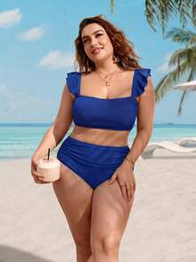 Swim Lushoire Plus Size Solid Color Minimalist Daily Wear Square Neck Cap Sleeve Swimwear - Royal Blue - View 4