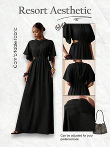 Zivah Elegant Sexy Casual Jamican Pastal Summer Vacation Maxi Dress Women's Loose Round Neck Short Sleeve Ruffle Hollow Waist Linen Textured Boho Long Black - Black - View 8