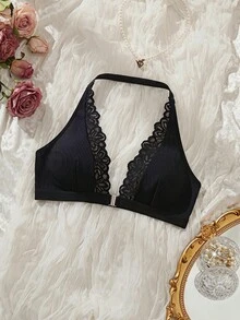 SHEIN MOD Women's Front Hook Romantic Lace Splice Halter Lingerie Bra - Black - View 3