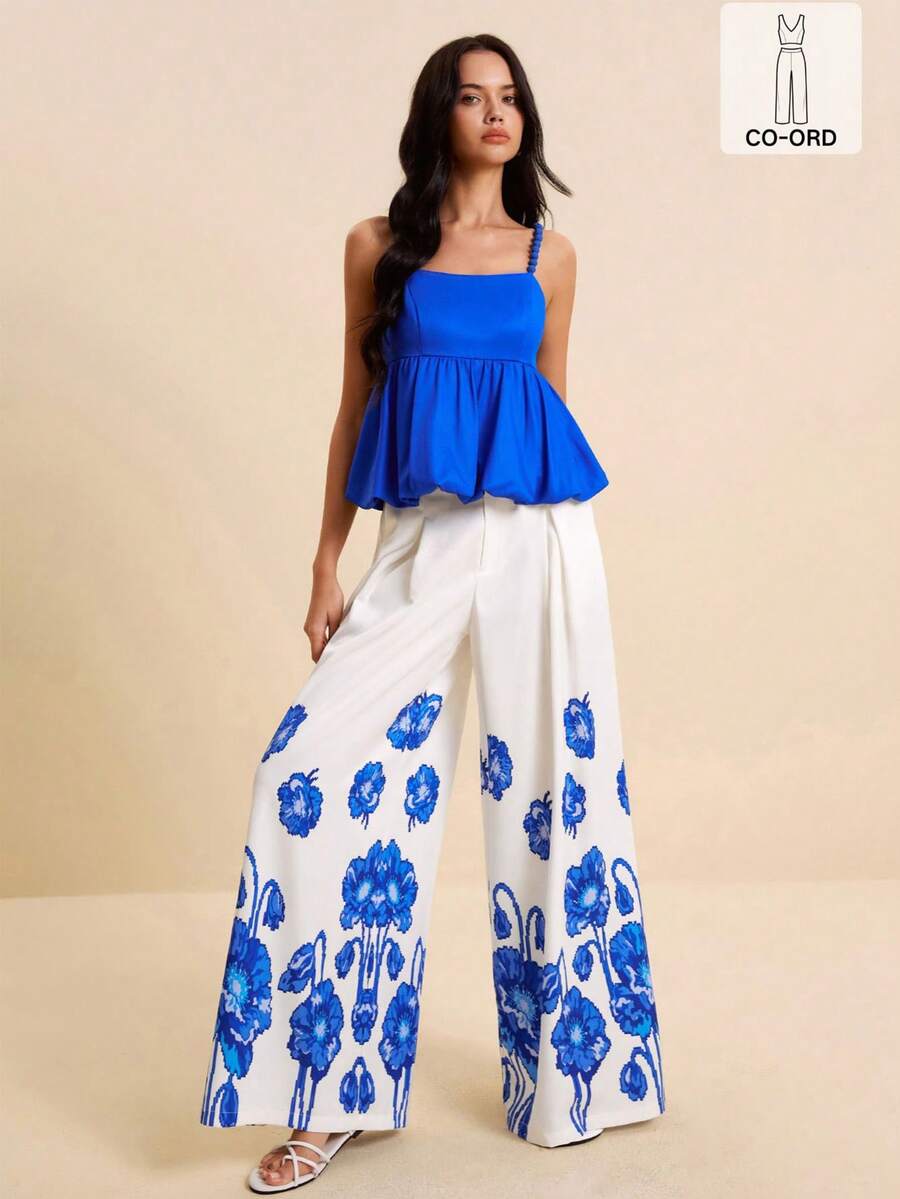 LOTSLUV Bộ đồ 2 món dành cho nữ: áo hai dây thắt eo màu xanh dương và quần dài in họa tiết, thích hợp cho mùa xuân/hè. - Xanh và trắng - Xem 1