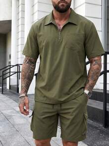 DRIVNCORE Men's Plus Size Solid Color Shirt And Shorts Set - Army Green - View 3
