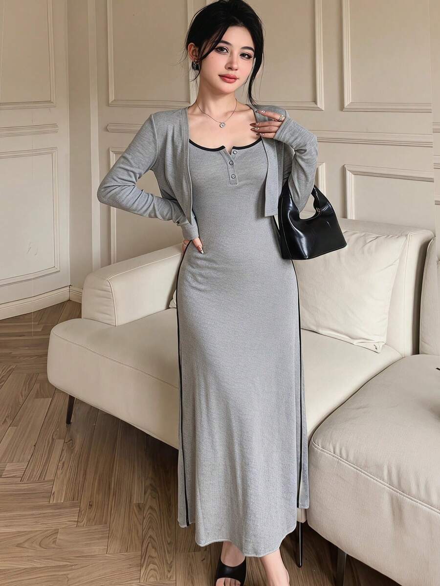 Feyla 2件套 女士休闲撞色滚边吊带连衣裙和开衫 - 灰色 - 查看 1