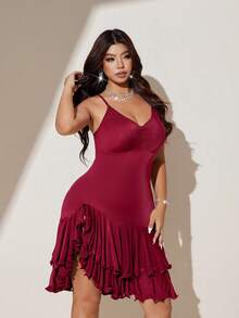 Viva Relle Sexy Fitted V-Neck Spaghetti Strap Asymmetrical Hem Backless Plus Size Dress Gym Brown Summer - Burgundy - View 4