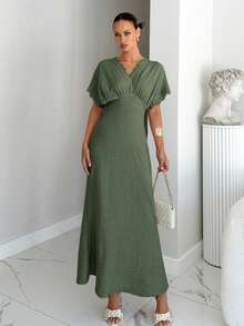 Siren Gaze Women's Lace Patchwork V-Neck Waist Cinched Dress - Green - View 4