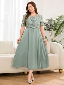 SHEIN Clasi Plus Size Women Jacquard Front Tie Short Sleeve Top And Dress Elegant 2-Piece Set Gym Brown Summer - Green - View 6
